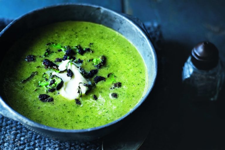 Broccoli and watercress soup with crispy chorizo crumbs