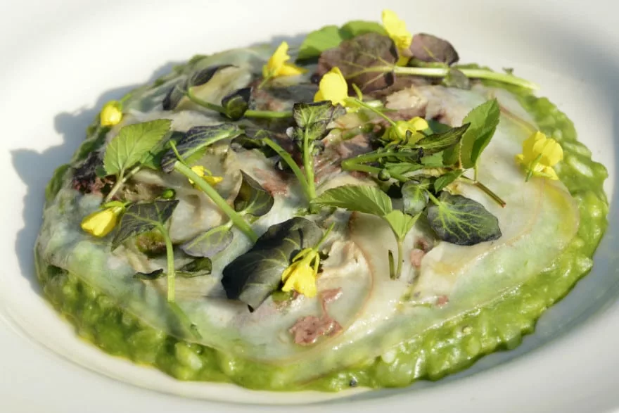 Pig cheek and garden leek risotto