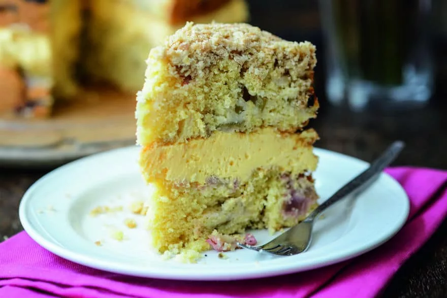 Rhubarb crumble and custard cake