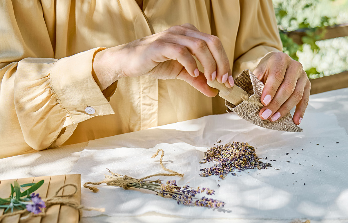Woman making lavender bags