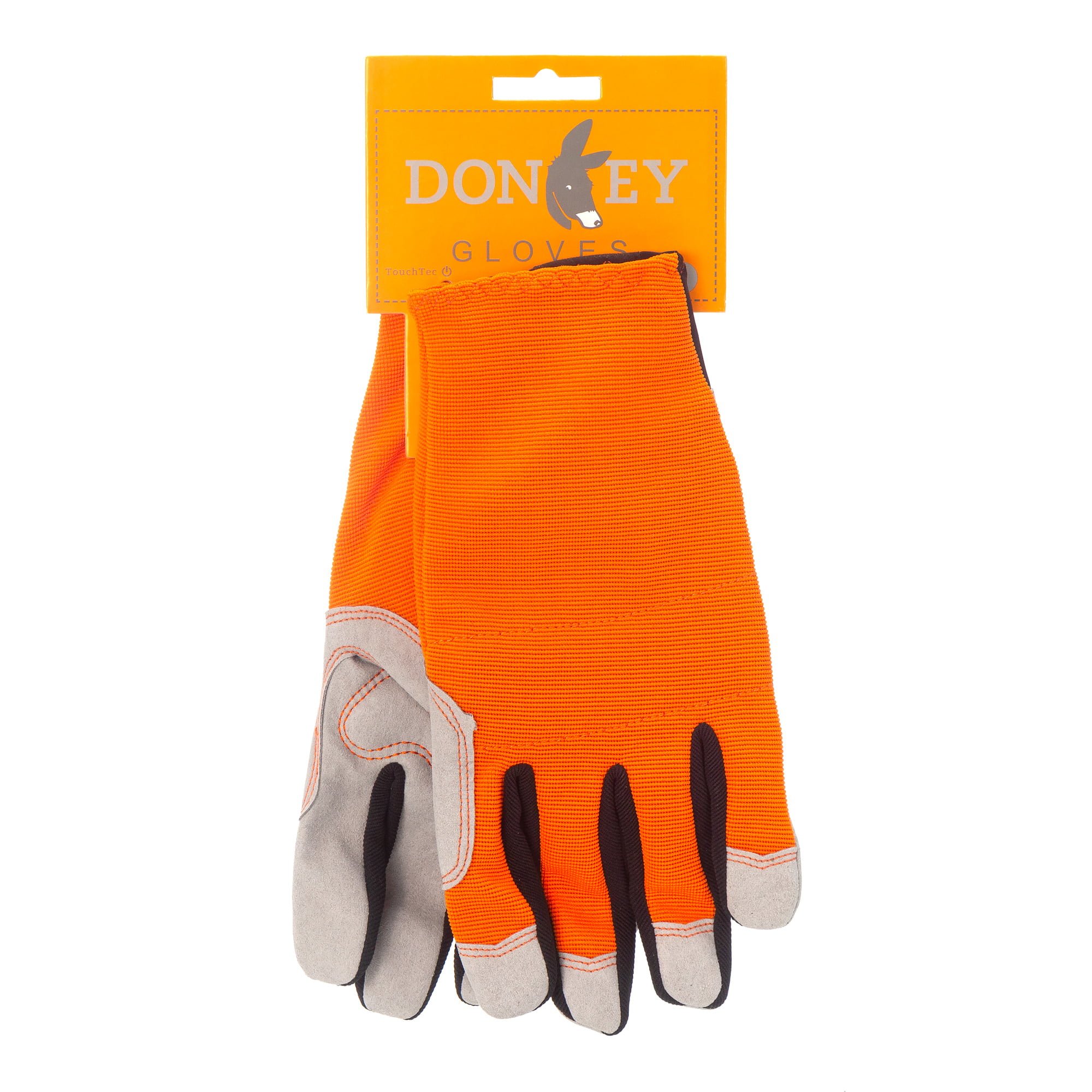 pair orange donkey gardening gloves with packaging tag