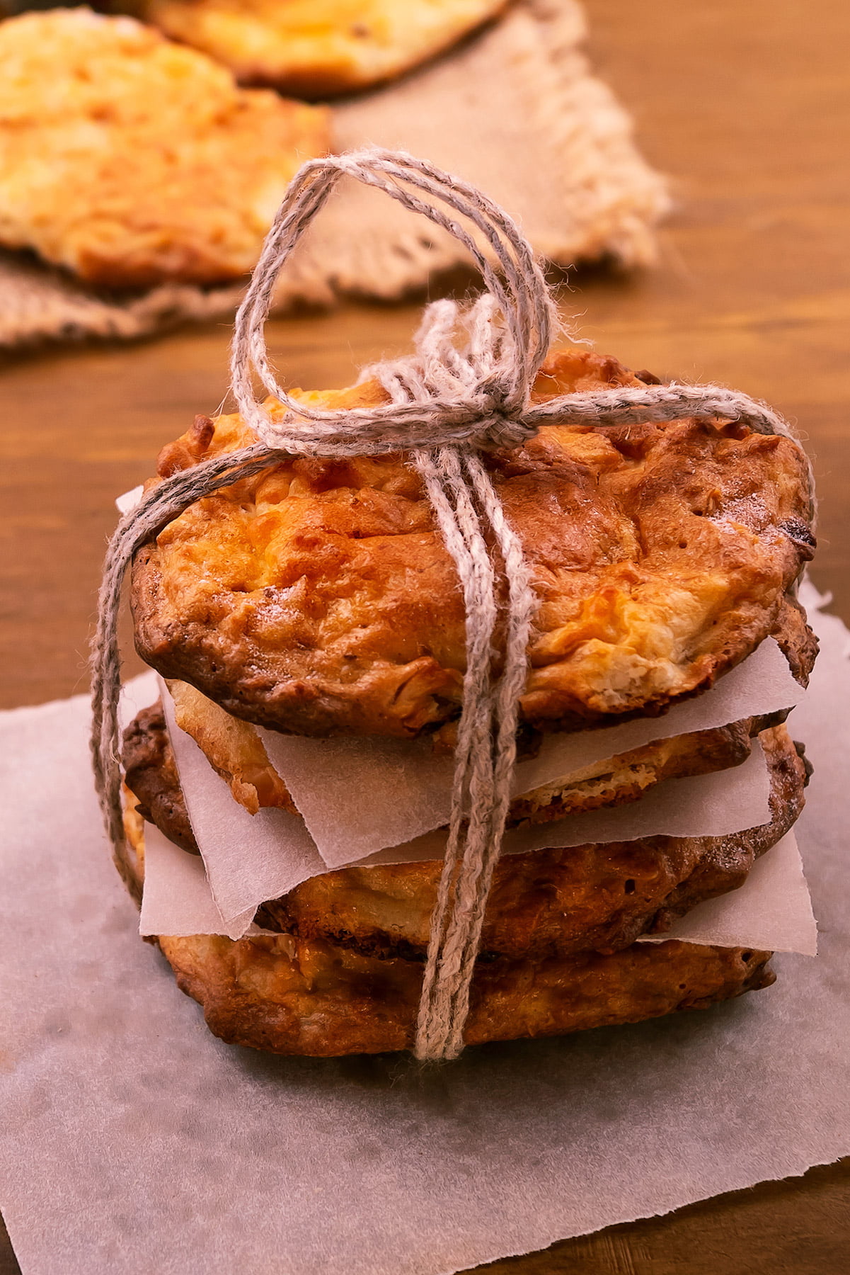 homemade biscuit stack and tied with string