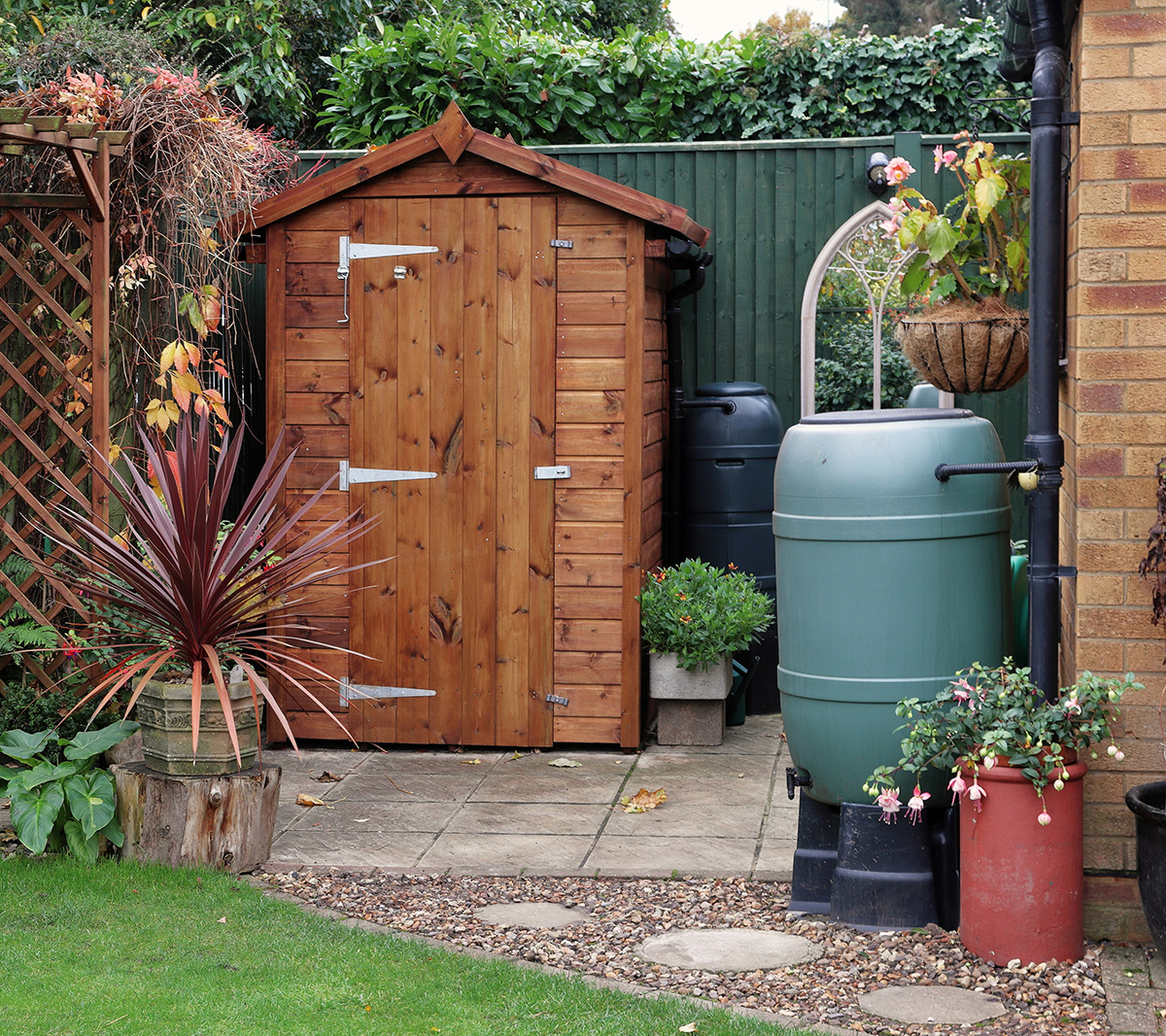 Water butts connected to house and garden shed