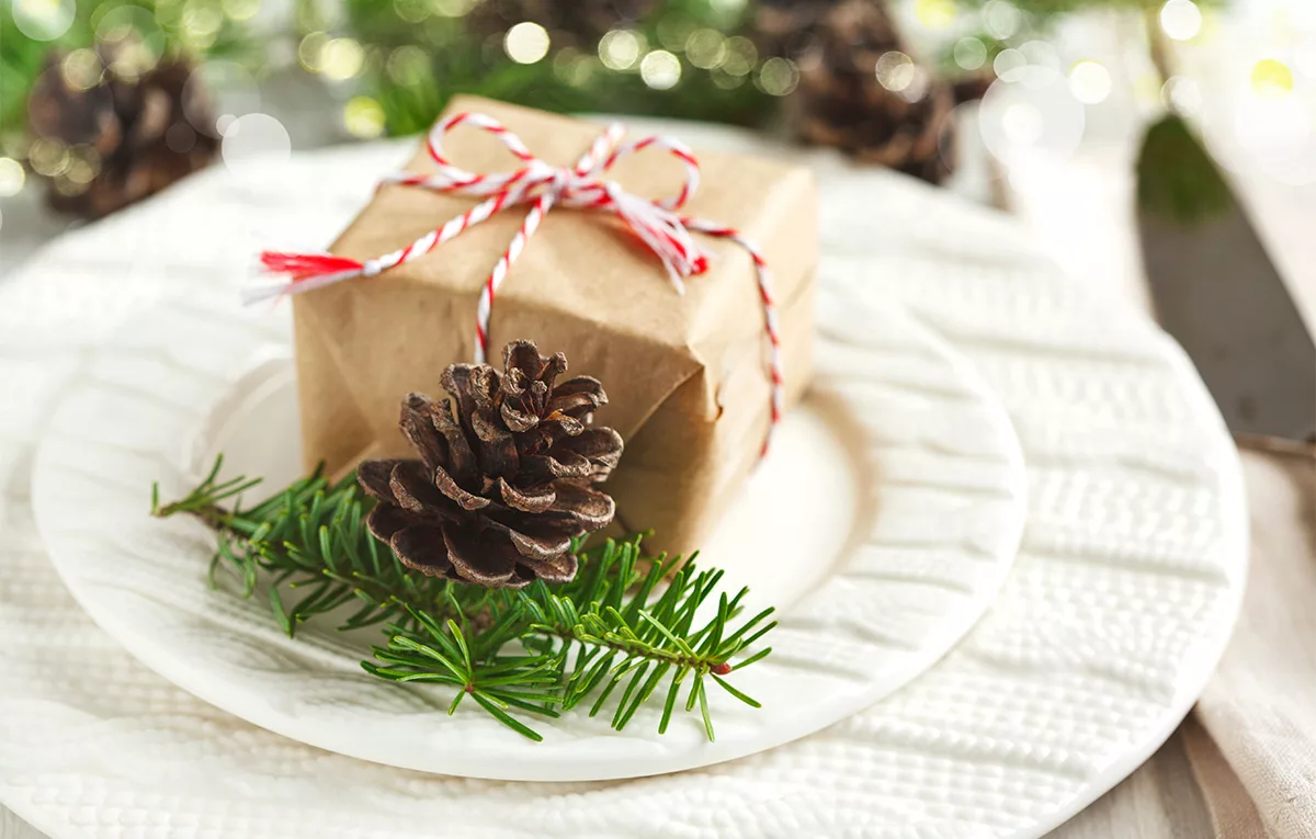 Christmas table place setting using fir and pine cone