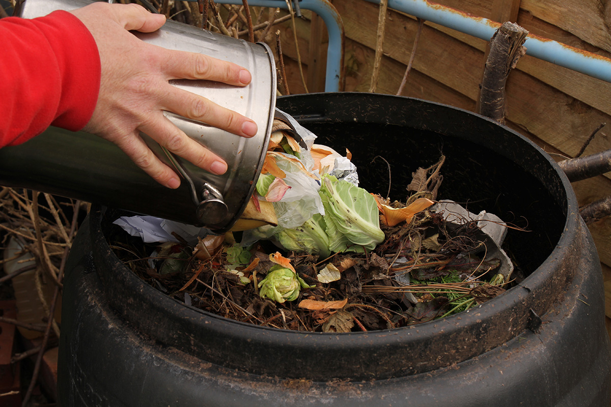 Person adding vegetable scraps to a compost bin