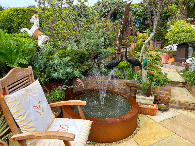 Corten Steel water feature at Driftwood Garden