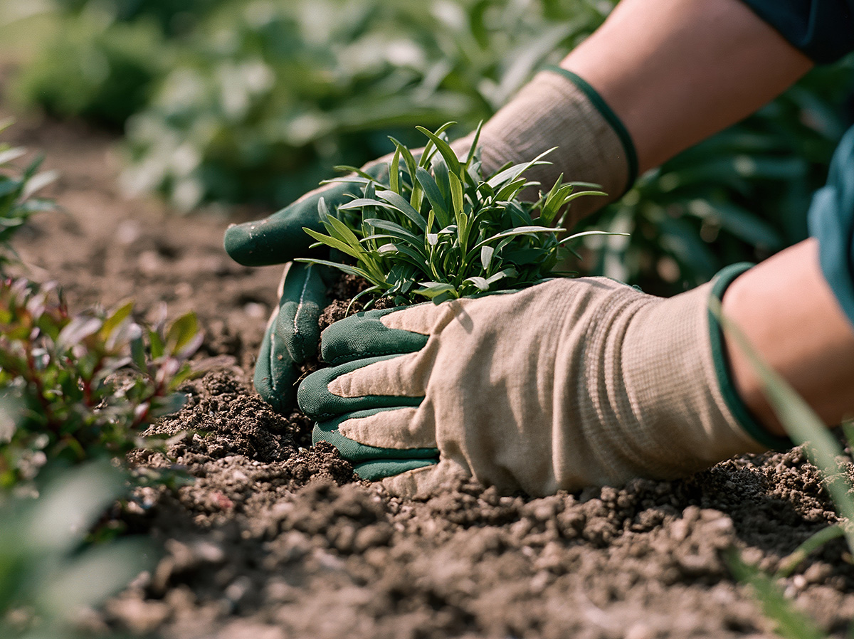 Gardener transplanting plant